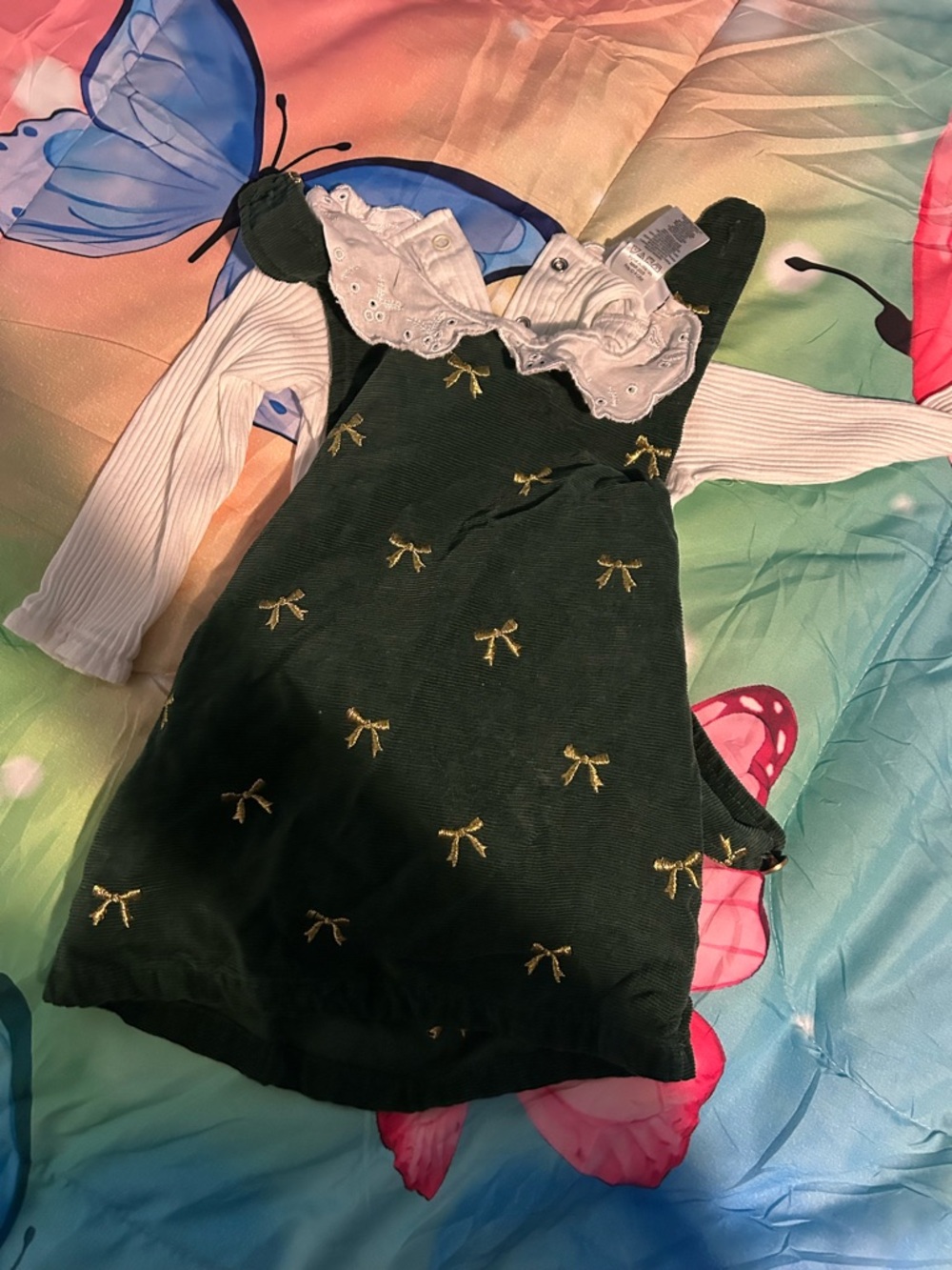 Dark Green Embroidered Bow Pinafore Dress with White Ruffled Top